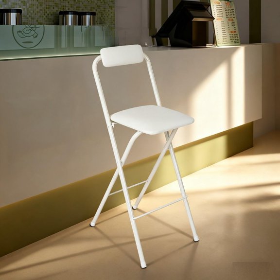 Folding Bar Stool with Backrest for Kitchen Counter Use, Metal Frame, Black, Cushioned Seat and Backrest