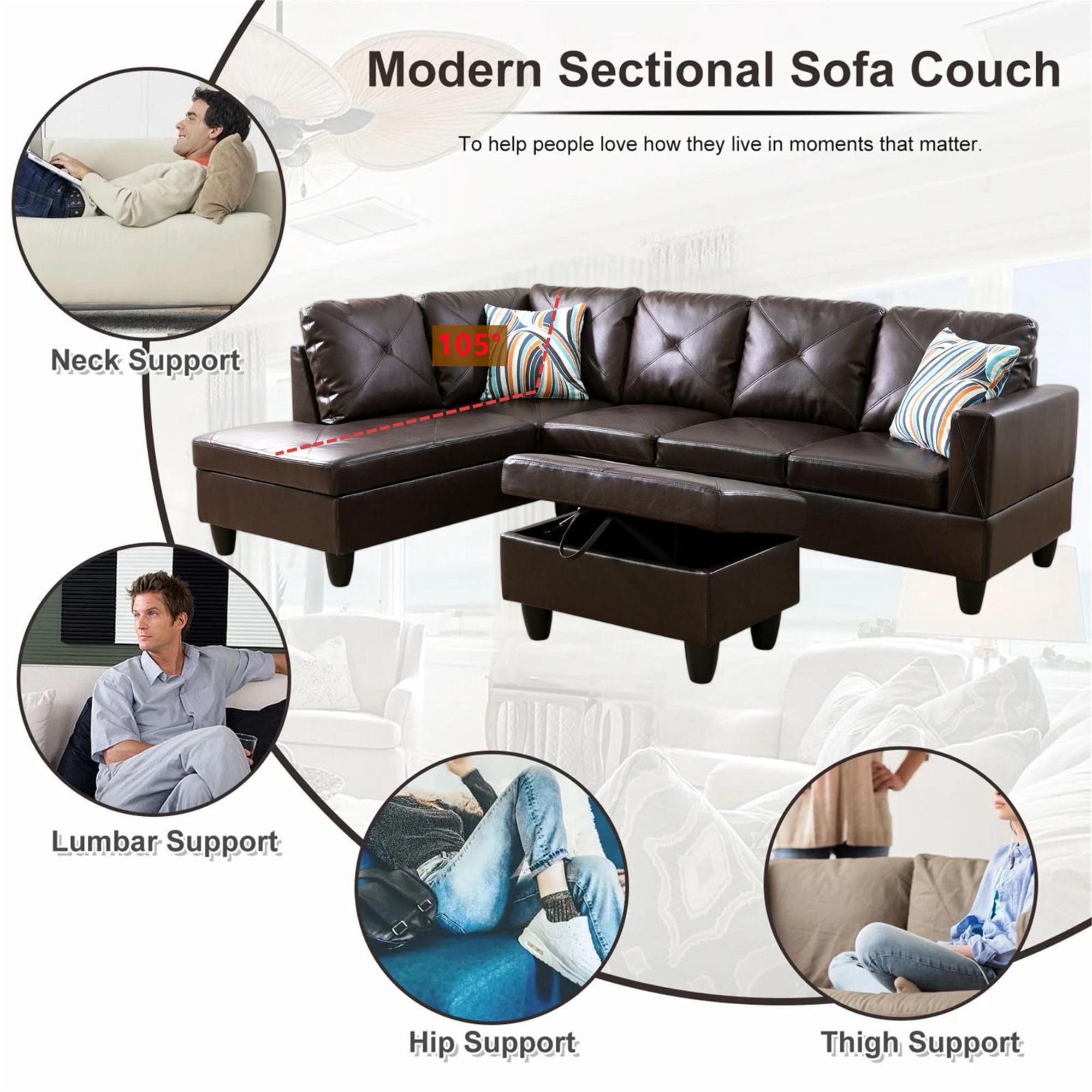 Aukfa 3 Piece Sofa Set L shape Sectional Couch with Storage Ottoman for Living Room, 2 Pillows, Faux Leather, Brown