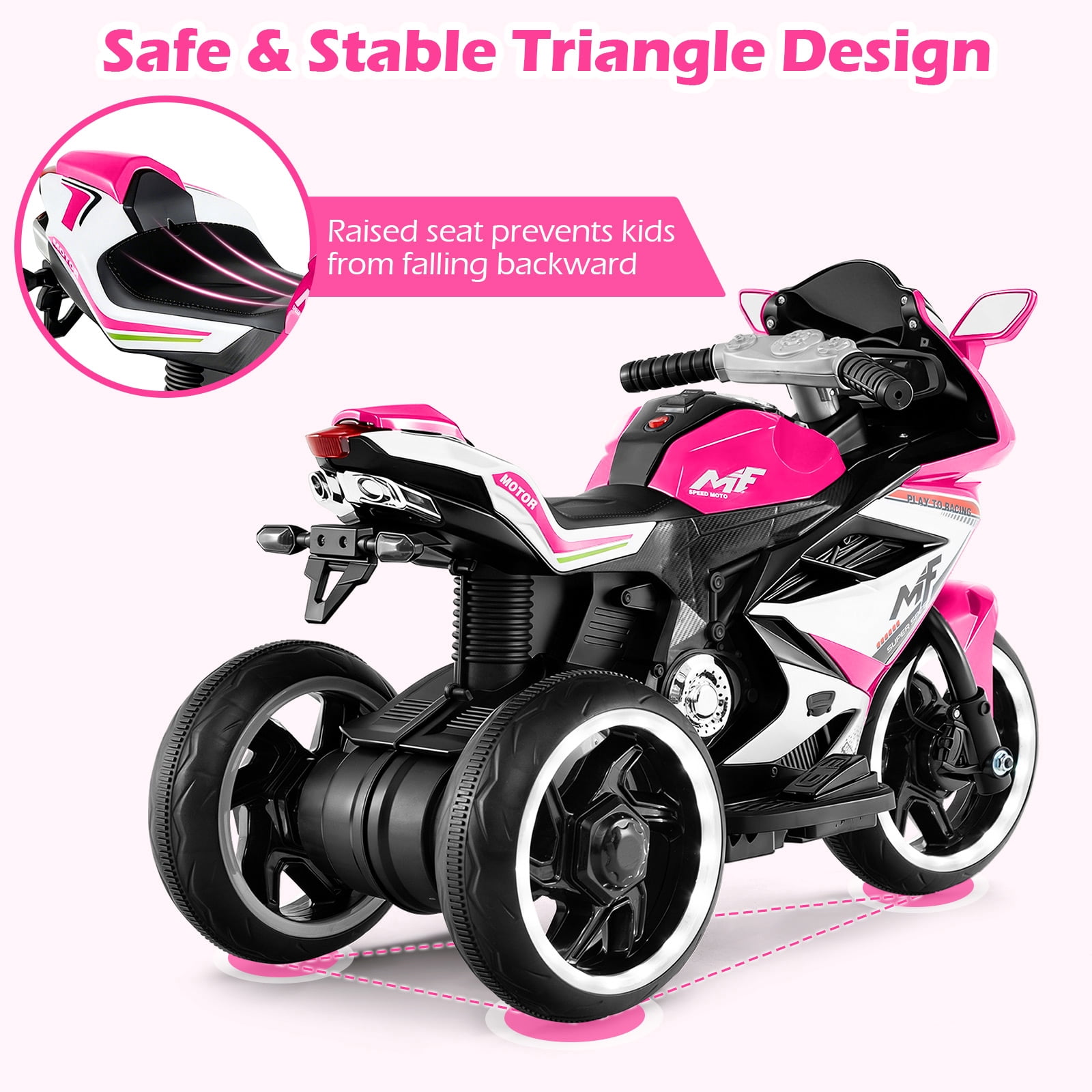 OLAKIDS 6V Kids Motorcycle with Forward & Reverse Switch, Headlight, Wheel Lights, Horn, Music, USB Port, 3-Wheel Ride on Toy for Toddler Aged 3+