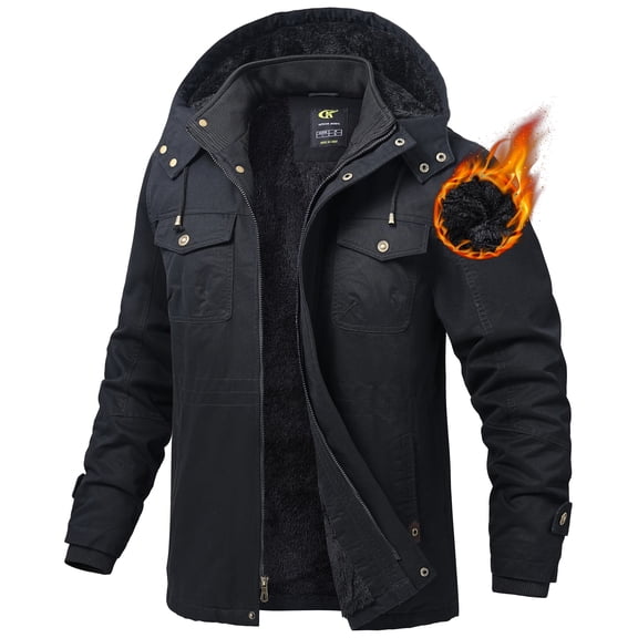 Tyhengta Men's Winter Jacket Cotton Jackets Fleece Lined Thick Work Warm Cargo Coats with Hooded Black XL
