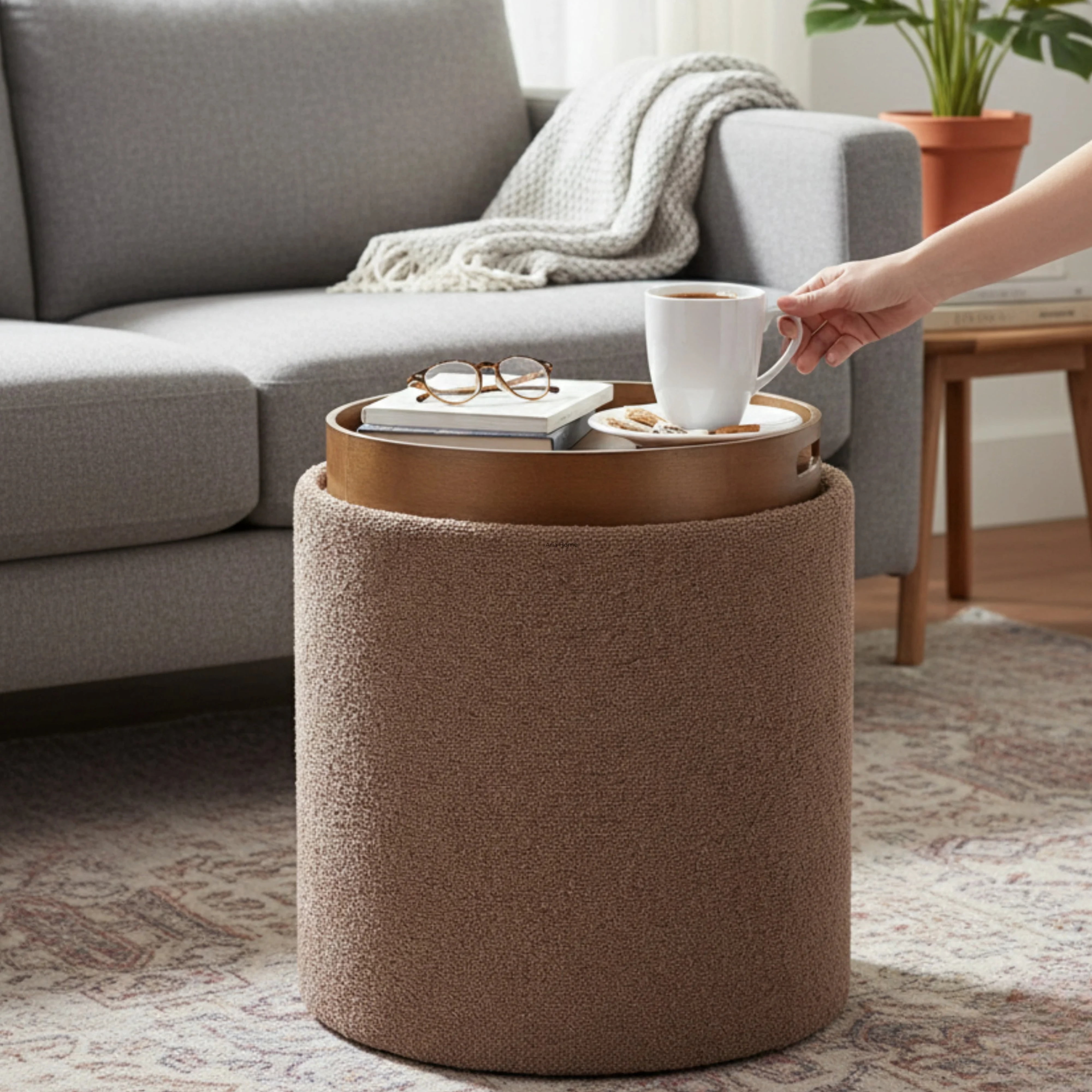 Aria Home Plush Boucle Tray Top Storage Ottoman, Modern Accent Seating & Organizer, Brown