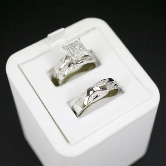 Bluebell Jewels 3PC His & Hers Wedding Ring Set in White Gold Finish with Round Cut Cluster and CZ Accents