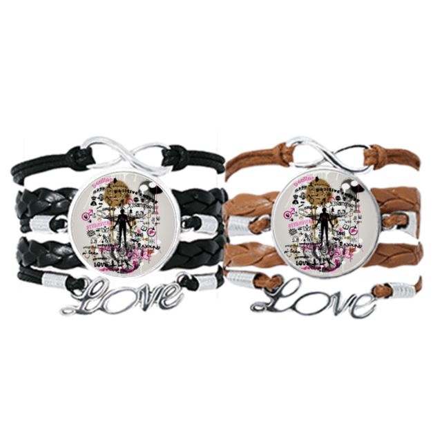 Graffiti Street Flower Human Pattern Bracelet Hand Strap Leather Rope Wristband Double Set