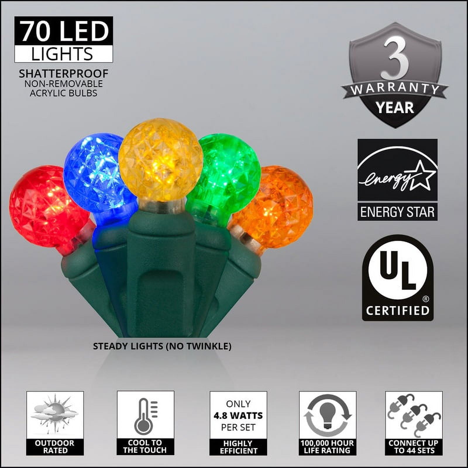 70 G12 Multicolor Ball Lights, 24 ft LED Christmas Lights Multicolor String Lights Globe Christmas Lights Indoor-Outdoor Christmas String Lights for Bedroom Globe String Lights