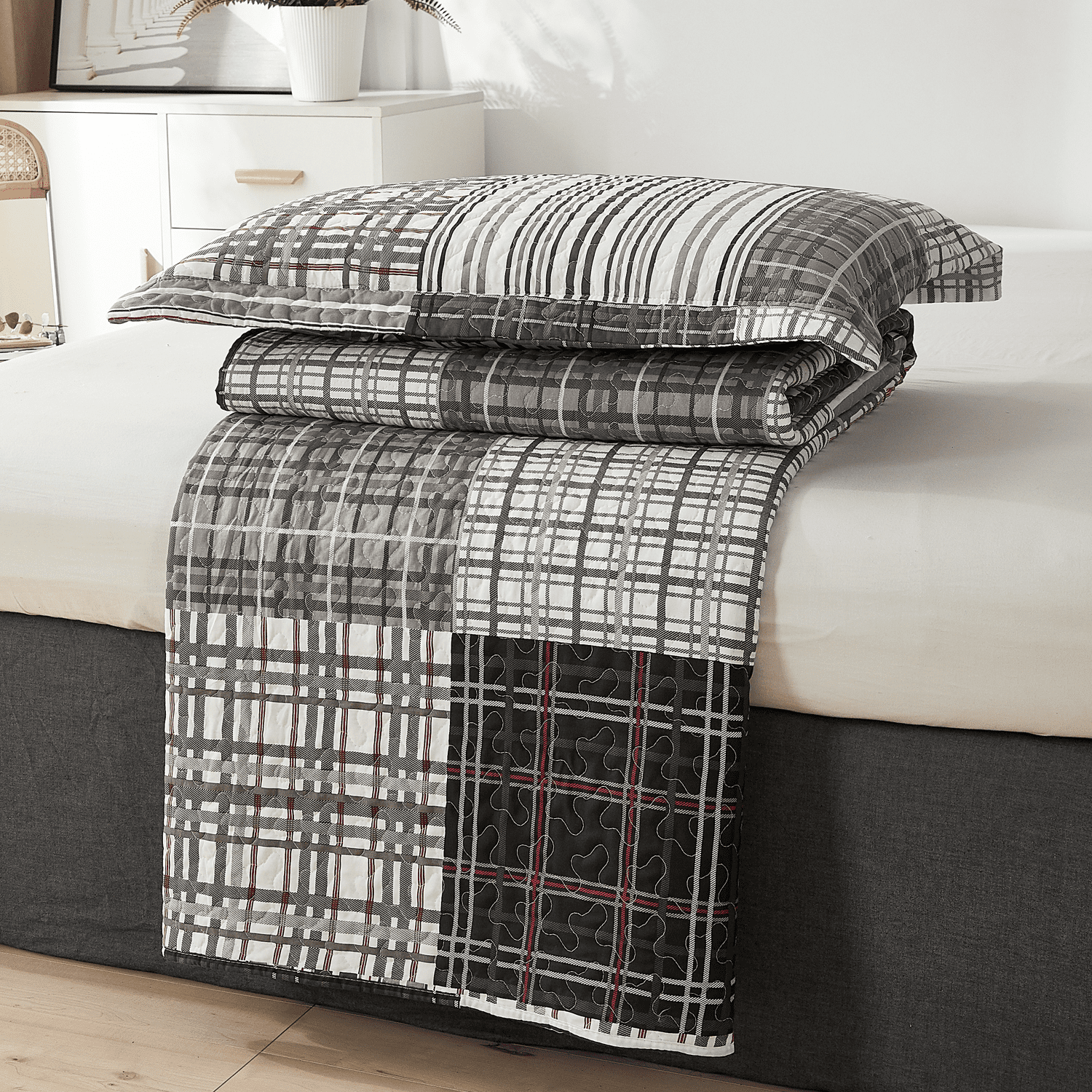Green Essen 3 Pieces Solid Color Quilt Set Queen Size,Soft Microfiber Bedding Sets Lightweight Bedspread Reversible Coverlet Bed Cover(grid)
