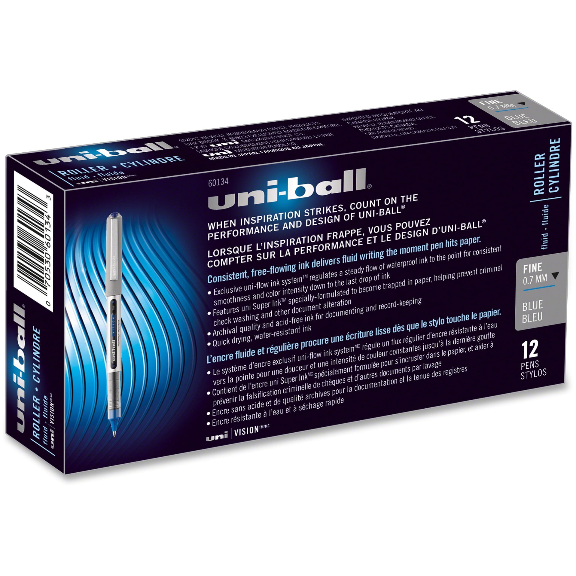 uni-ball® Vision™ Rollerball Pens, Fine Point, 0.7 mm, Gray Barrel, Blue Ink, Pack Of 12