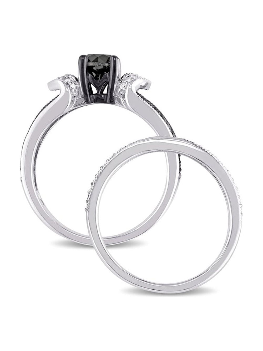 1.12 Carat (Ctw) Black Diamond Engagement Ring and Wedding Band Set in Sterling Silver for Women