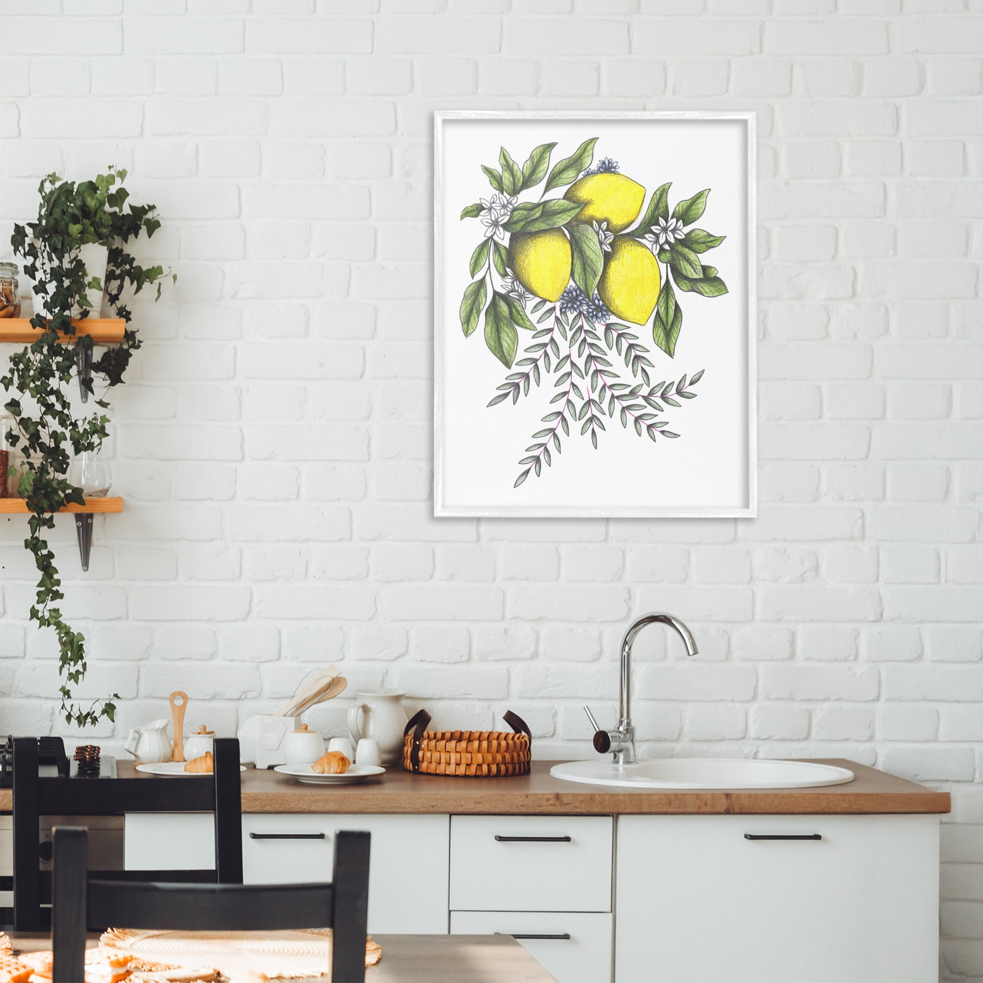 Lemons & Flowers Vintage Sketch White Framed Giclee Art, design by Cecilia Battaini