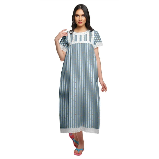 Moomaya Chemise de Nuit Maxi Boutonnée à Manches Courtes Imprimée pour Femmes en Coton