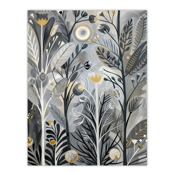 Wildflower Meadow Grey Orange Botanical Folk Art Living Room Large Wall Art Poster Print Thick Paper 18X24 Inch