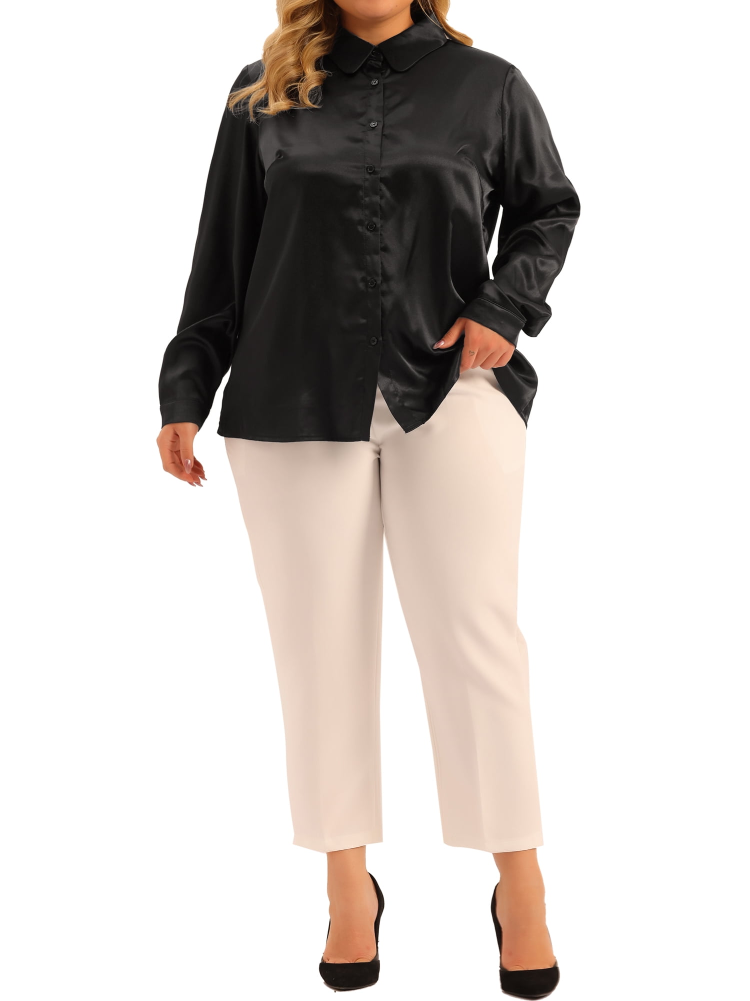 Unique Bargains Women's Plus Size Shirt Work Tops Collar Button Down Shirt Satin Top Black 4X