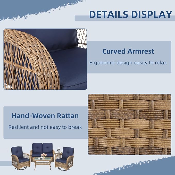 SOCIALCOMFY 5-Piece Wicker Patio Furniture Sets Outdoor All-Weather Rattan Conversation Set Includes Glider Loveseat, 2 Glass-Top Coffee Tables, 2 Swivel Rocking Chairs for Porch Backyard, Navy Blue