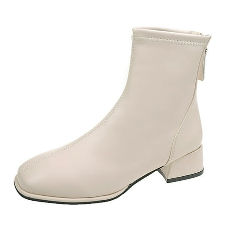 YHGFVOKJ Boots for Women Fashion Leather Solid Elastic Autumn Thick Sole Closed Toe Square Heels Zipper Short Booties Square Toe Shoes Boots for Women Ankle Booties Beige 42