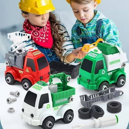 TABGIME 4 Set Take Apart Truck Toys W/Screwdriver Wrench for 3Y+ Kids STEM Building Toy, Build a Watering/ Recycling/Eating/Dirt Diggers Garbage Truck, Play Sanitation Vehicle for Toddler Boys & Girls
