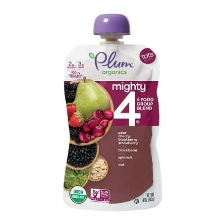Plum Organics Mighty 4 Blends Pear, Cherry, Blackberry, Strawberry, Black Bean, Spinach & Oat, 4oz