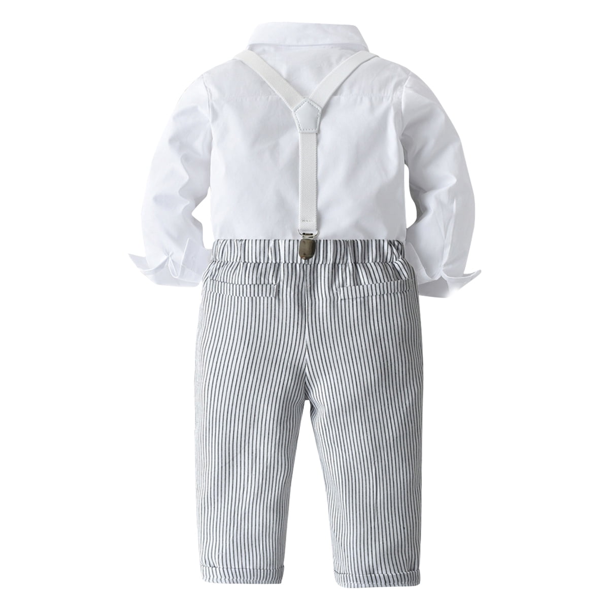 IDOPIP Toddler Kids Baby Boys Gentleman Outfit Striped Shirt with Bowtie + Long Suspender Pants Overalls Clothes Wedding Baptism Formal Suit