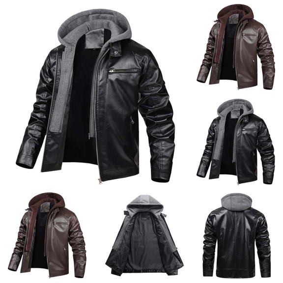 Sevevn Men Faux Leather Jacket Full Zip Up Detachable Knit Hood Regular Fit Faux Leather Fabric Chest Zip Pocket Side Zip Pockets Straight Cuffs For Casual Wear