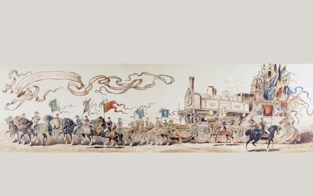Picture Celebrating The First Train From Brussels To Mechlin In 1835 It Was The First Railway In Continental Europe After A Watercolour By A Heins From Cortege Historique Des Moyens De Transport Publi