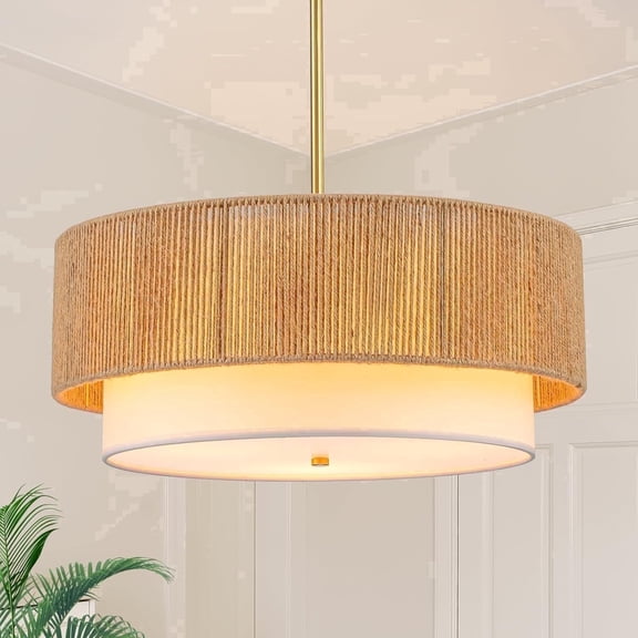 SineRise 18'' Rattan Farmhouse Chandelier, 3-Light Dimmable Pendant Lights