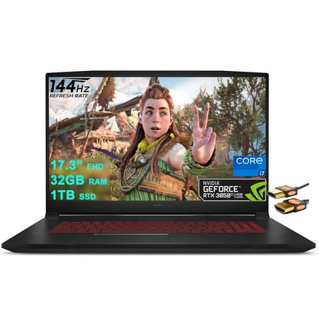 MSI Katana GF76 17 Gaming Laptop 17.3” FHD IPS 144Hz Thin Bezel Display 11th Generation Intel Octa-Core i7-11800H 32GB RAM 1TB SSD GeForce RTX 3050 Ti 4GB Backlit USB-C Nahimic Win10 + HDMI Cable