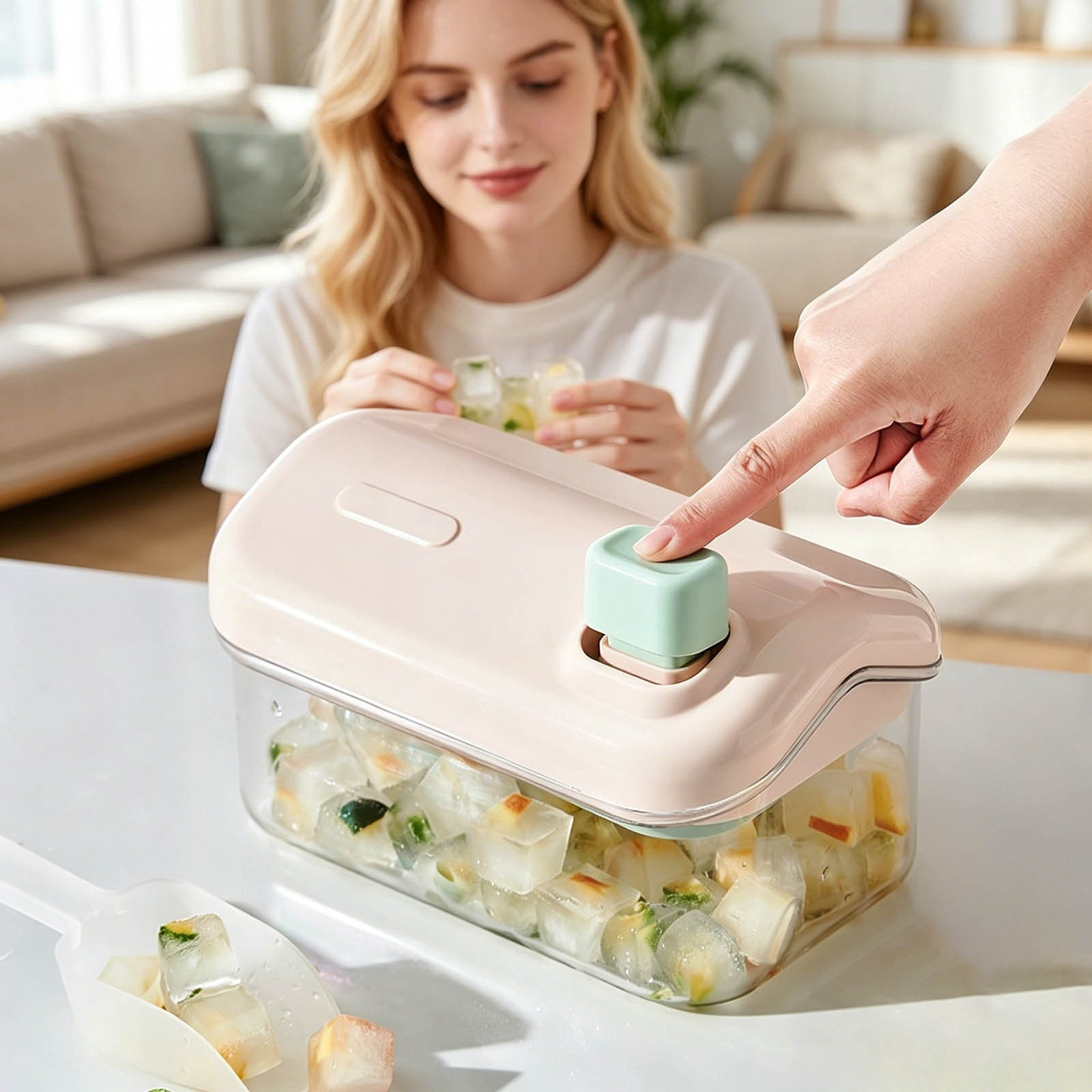 Press Buttom Ice Tray Easy Release Double-Layer Ice Cube Tray with Storage Box Reusable Silicone Ice Mold for Summer Home Bar Parties Outdoor