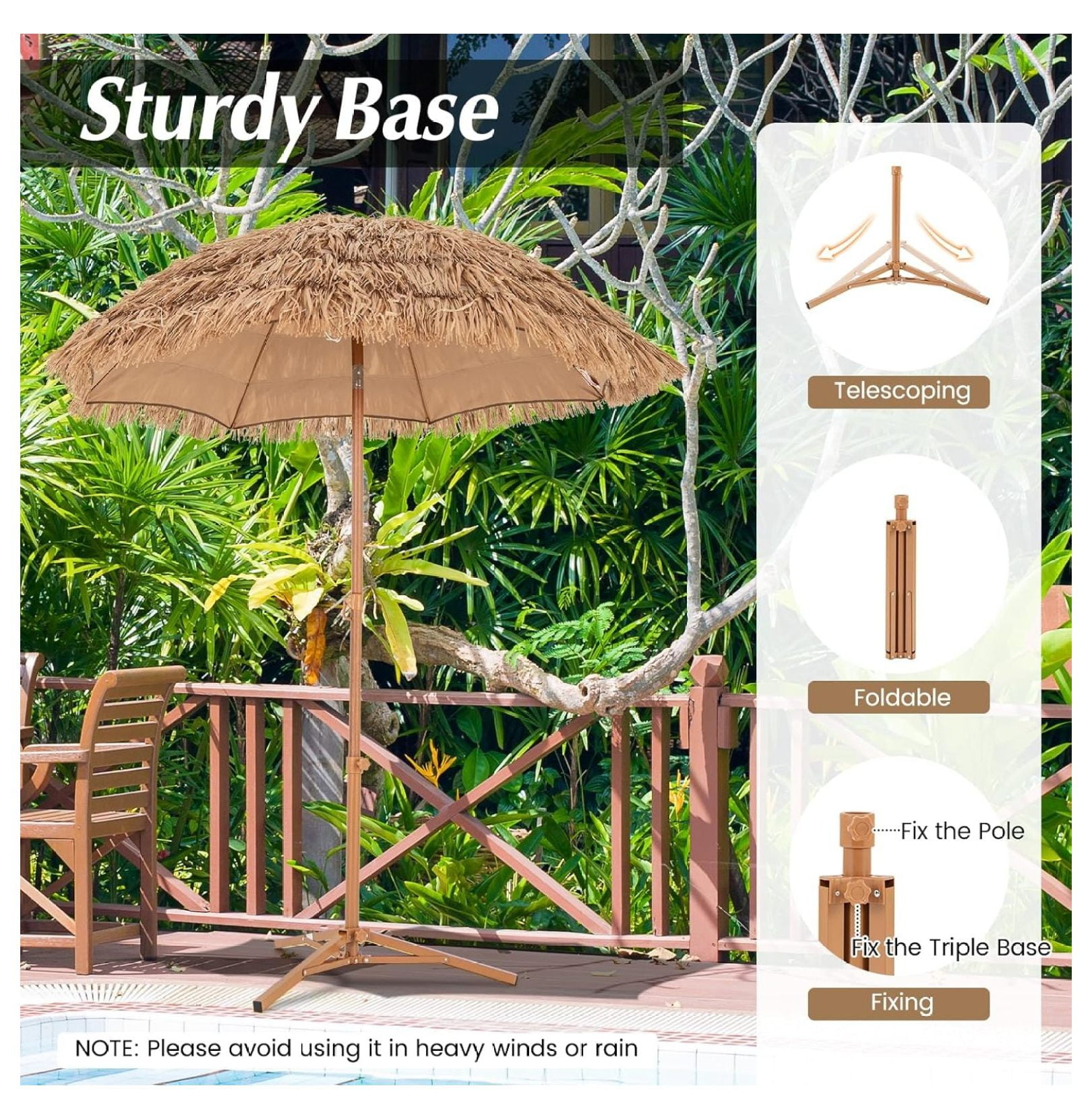 6.5FT Tiki Patio Umbrella with Base - Hawaiian Style Tilt Beach Umbrella w/8 Ribs, Foldable Stand, Carry Bag, Tropical Palapa Grass Pool Umbrellas, Hula Thatched Tiki Umbrella Outdoor Patio