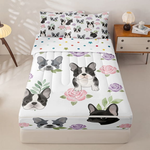 Homewish Cartoon French Bulldog Zipper Twin Comforter Sets with Fitted Sheet and 2 Pillowcases,Pink Purple Roses Zipper Bedding Set,White,Polkadot Reversible,4pcs