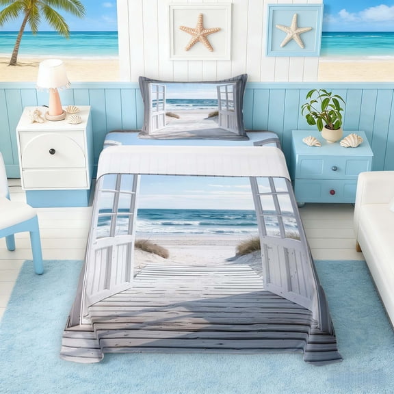 Manfei Beach Ocean Twin Sheet Sets for Kids Boys and Girls, Coastal Beach Bedding 3 Pieces, 1 Flat Sheet, 1 Fitted Sheet and 1 Pillowcase