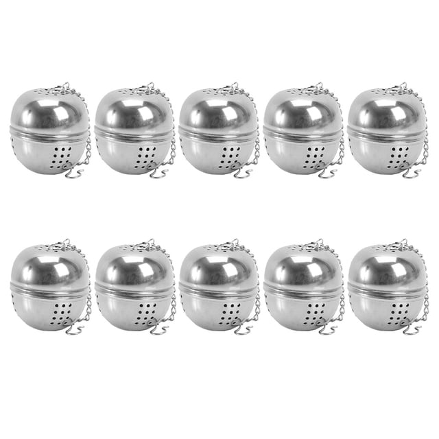 Miangastore 10 Pcs Stainless Steel Tea Infuser Tea Strainer Balls, a set of silver spherical tea accessories with perforated designs and chains for easy handling. Made of durable stainless steel, resistant to high temperatures, ideal for filtering tea leaves, cooking soups, or making hot pot. Perfect for home or office use.