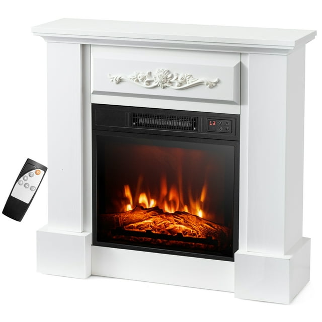 Costway Manteau de Foyer Électrique 32 Pouces Meuble Télé Chauffage d'Appoint avec Télécommande 1400W Blanc