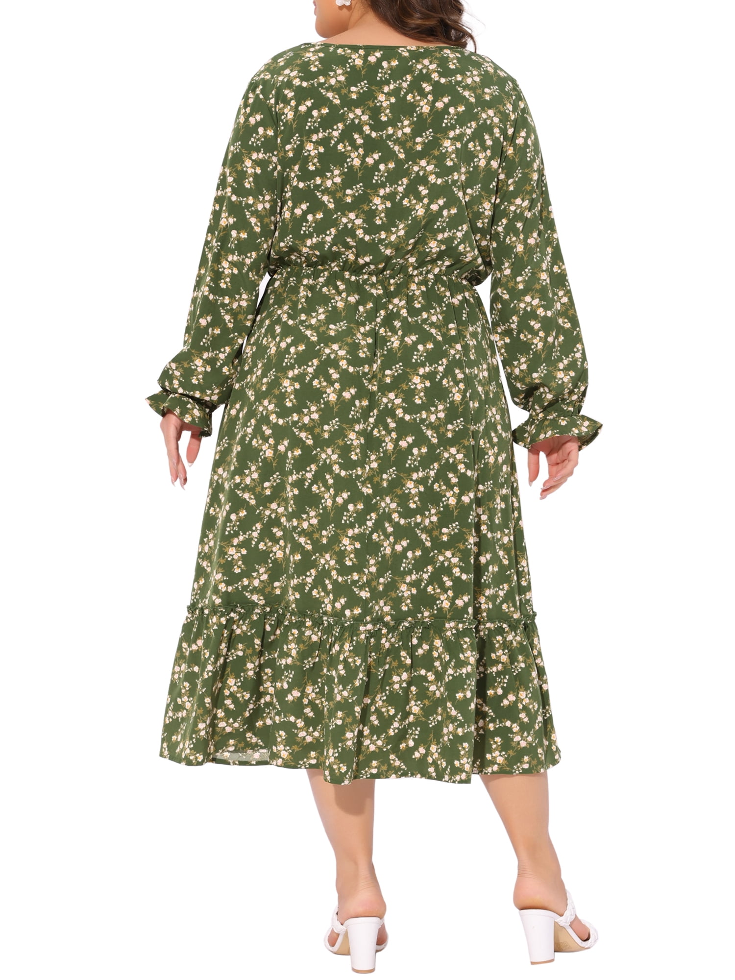 DARING DIVA Plus Size Floral Print V Neck Long Sleeve Maxi Dress 3X Olive Green
