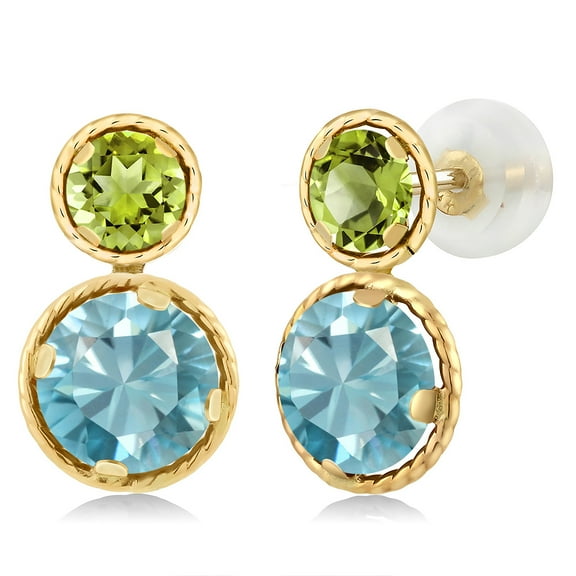 Gem Stone King 14K Yellow Gold Blue Zircon and Green Peridot Earrings for Women (3.00 Cttw, Gemstone, Round Cut 6MM and 4MM)