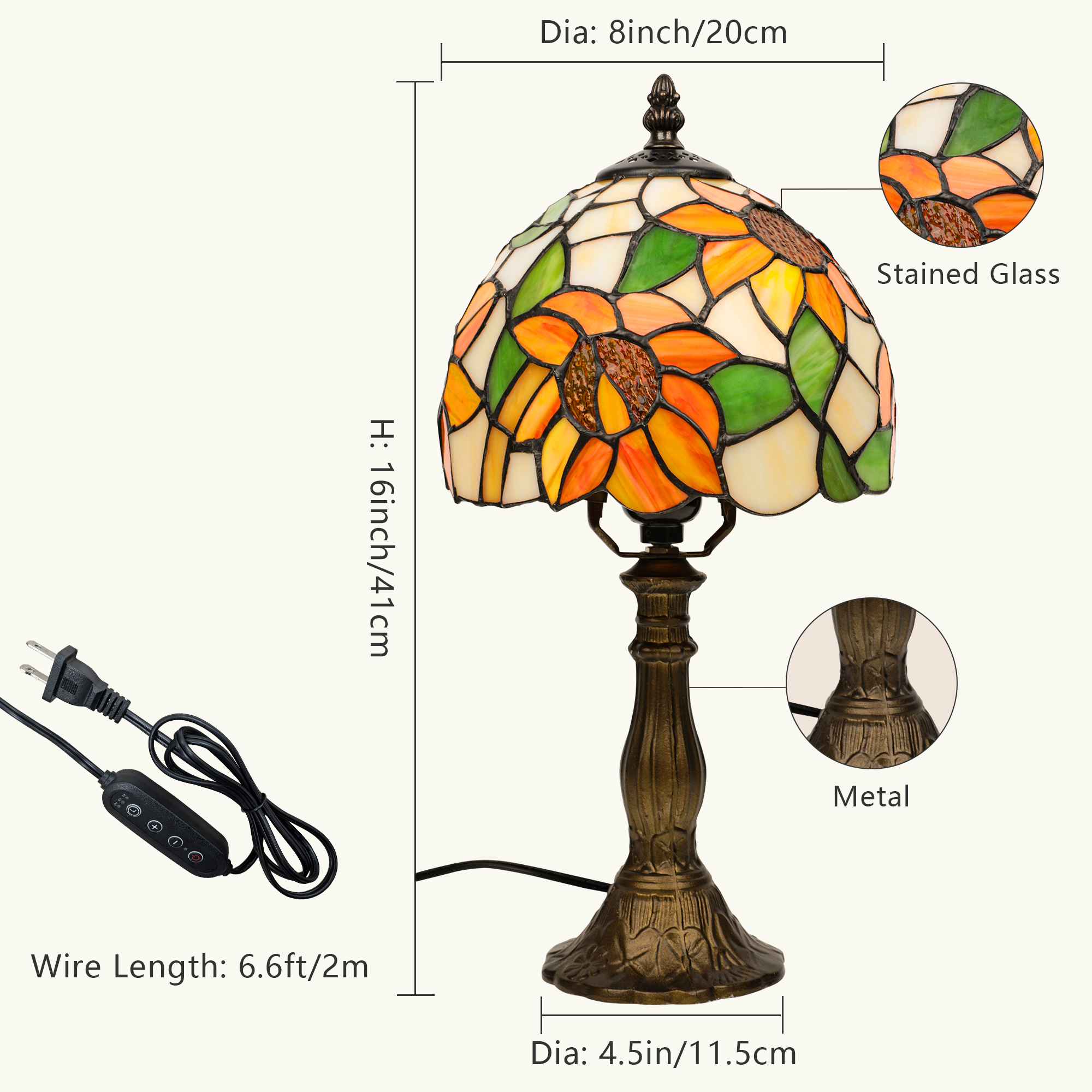 MEHOOM Sunflower Tiffany Style Table Lamps for Bedroom, Stained Glass Shade, LED 3-Color Dimmable with Auto Timer, Table Lamps for Living Room