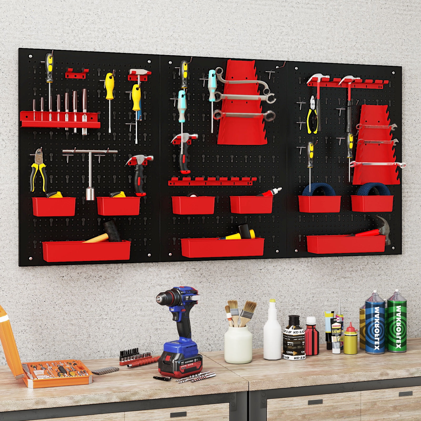 Gymax 9-Bin Parts Rack Organizer Pegboard Wall Organizer w/ Hammer Racks Tool Holders