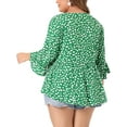 thumbnail image 3 of GRACE & GRANDEUR Blusas de mujer de talla grande con estampado de lunares, escote en V, mangas 3/4, dobladillo peplum, estilo babydoll, 3X, verde, 3 of 6
