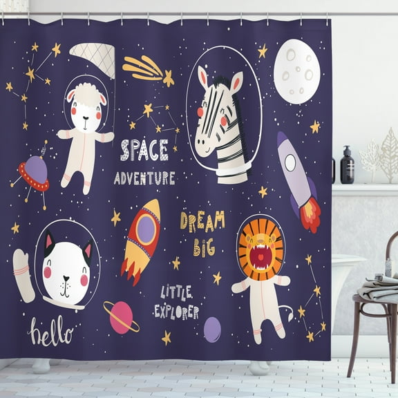 Galaxy Shower Curtain, Zebra Lion Cat Sheep Astronauts Animal Figures Stars Space Rocket, Fabric Bathroom Set with Hooks, 69"WX70"L, Dark Purple Grey Multicolor, by Ambesonne