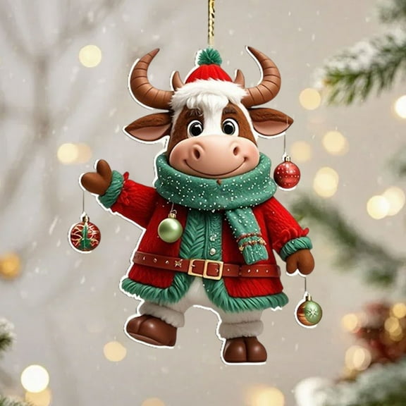 Wearing Christmas Hat Cow 2D Flat Car Rear View Mirror Accessories Christmas Tree Ornament Decoration Hanging Charm Interior Rearview Pendant Decor Gift