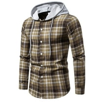 Patlollav Men Casual Patchwork Fashion Plaid Hooded Button Long Sleeve Shirt Blouse Yellow S