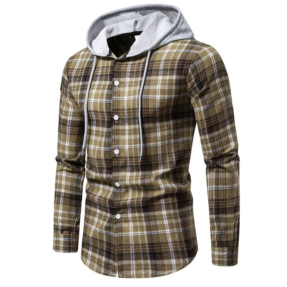 Patlollav Men Casual Patchwork Fashion Plaid Hooded Button Long Sleeve Shirt Blouse Yellow S