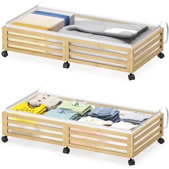Under Bed Storage Containers With Wheels - 2 Pcs Large Bamboo Wood Rolling Underbed Shoe Storage Bins With Dust Bags for Clothes Blankets, Duvet Covers Snacks Toys (Natural)