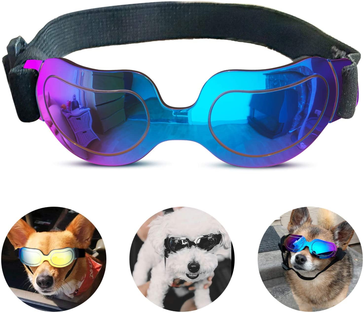 Lewondr Small Dog Sunglasses UV Protection Goggles Eye Wear Protection with Adjustable Strap Foldable Pet Sunglasses for Dogs Waterproof Pet Sun Glasses Dog Windproof Anti-Fog Glasses White 
