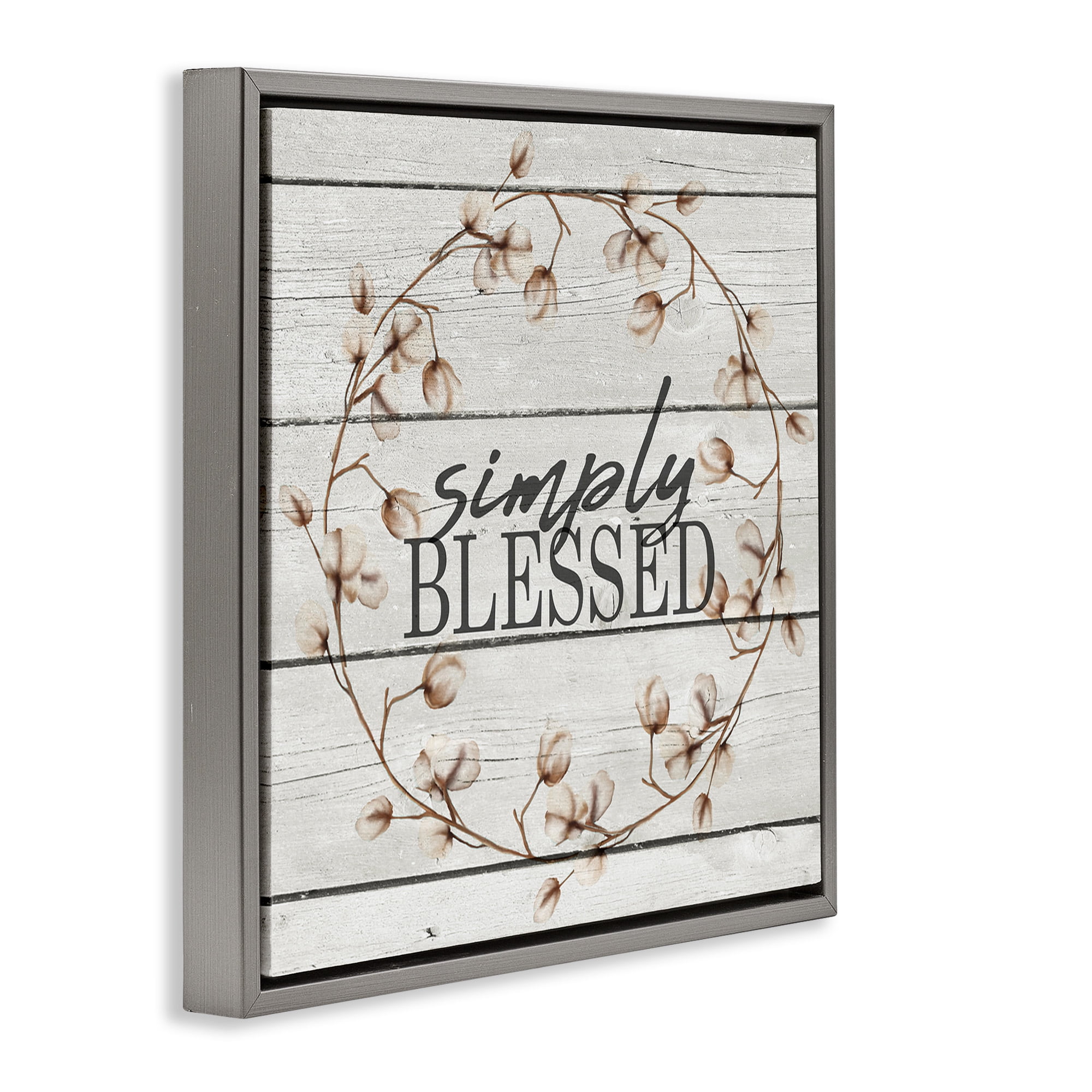 Stupell Industries Simply Blessed Rustic Wreath Botanical & Floral Painting Gray Floater Framed Canvas Art Print Wall Art, 18 x 18