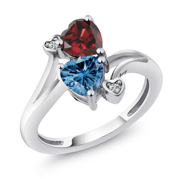 Gem Stone King 925 Sterling Silver Red Garnet Persian Blue Moissanite and White Diamond Ring for Women (1.83 Cttw, Heart Shape 6MM, Gemstone January Birthstone, Size 9)