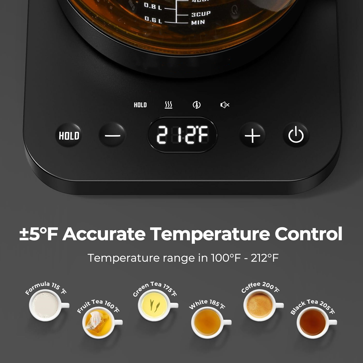 Electric Kettle Temperature Control ±5℉, 1.8L Glass Electric Tea Kettle with Removable Infuser for Flowers & Fruit Tea, 1200W Fast Boiling, 6 Hours Keep Warming, Black