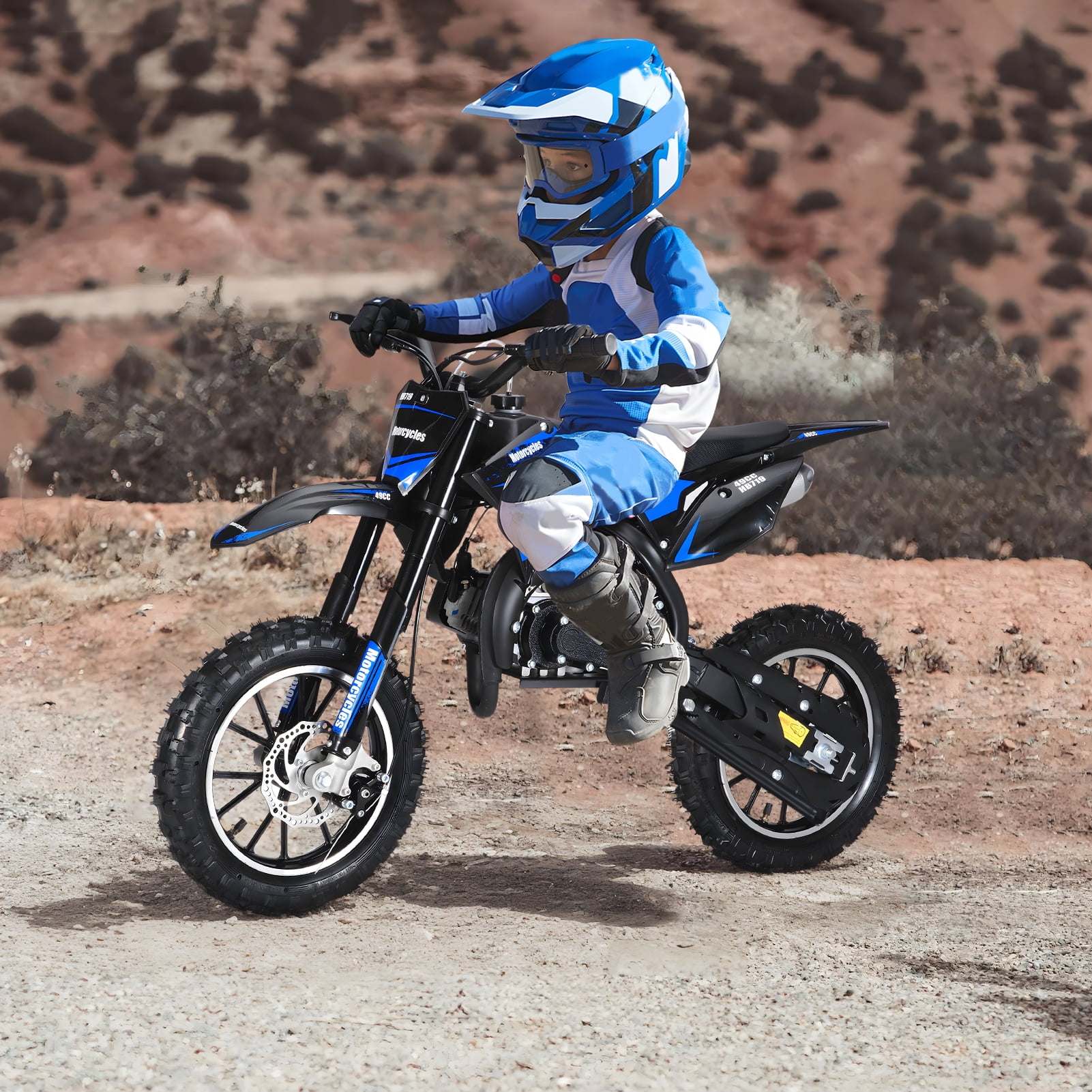 Fompes Mini Gas Bike, Off-Road Dirt Bike, Gas Powered 2-Stroke Pocket Bike with Front Rear Disc Brakes, Shock Absorption, Easy Pull Start, Speed Up to 25 Mph, Blue