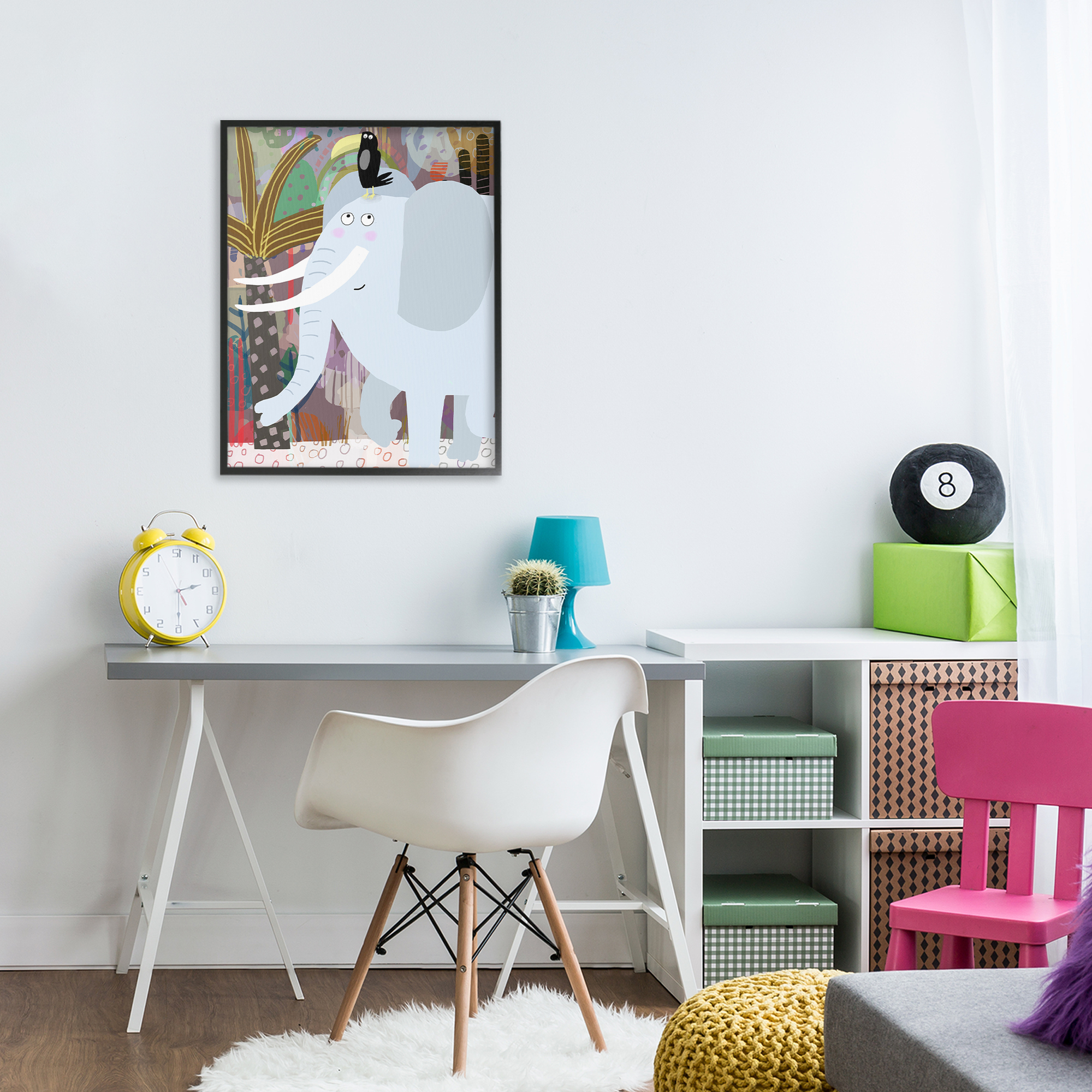 Elephant & Toucan in Jungle Black Framed Giclee Art, design by Carla Daly