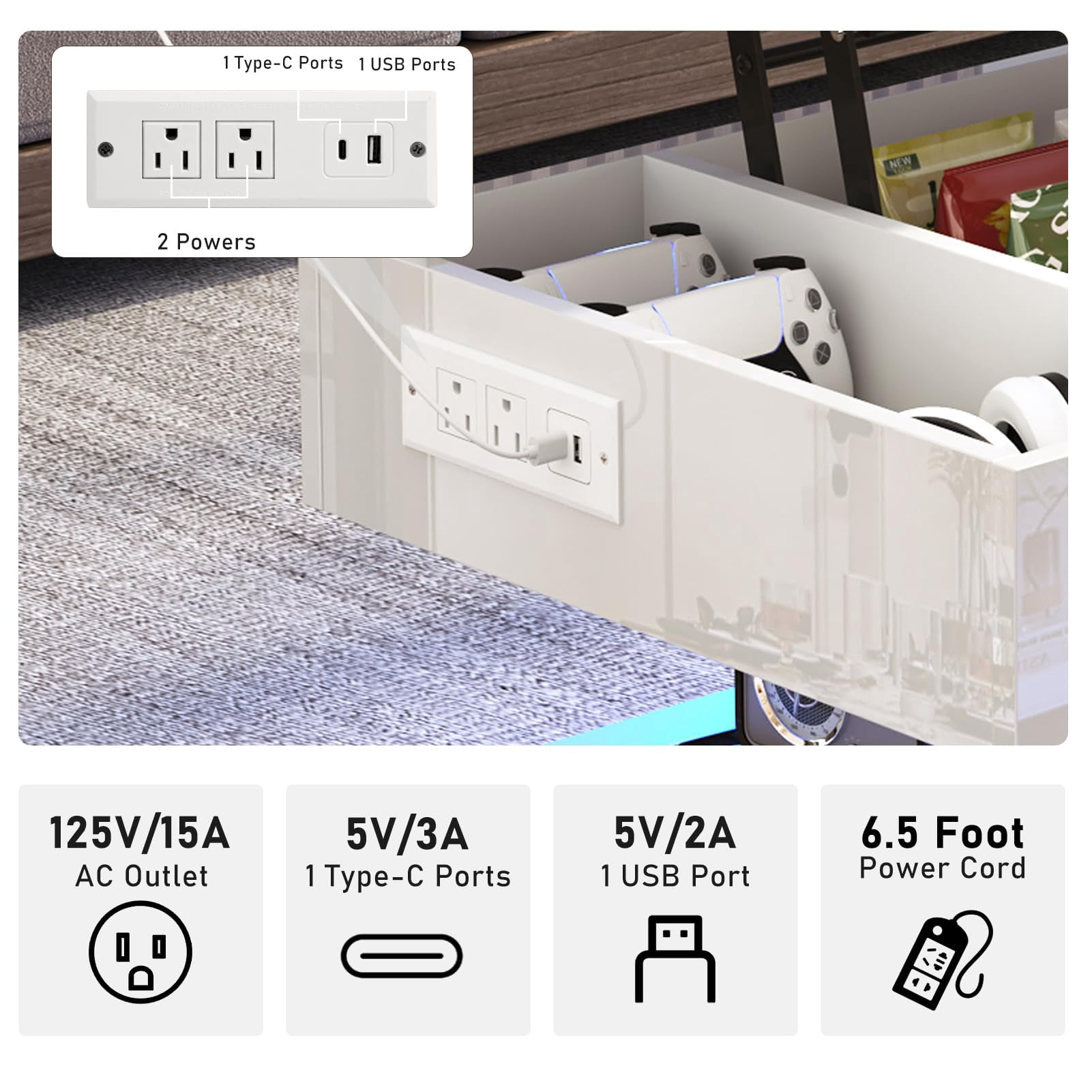 ChVans 39.4" Large Lift Top Coffee Table with Charging Station & LED Lights, Black High Glossy LED Coffee Table with Hidden Compartment Storage, Modern Living Room Tables