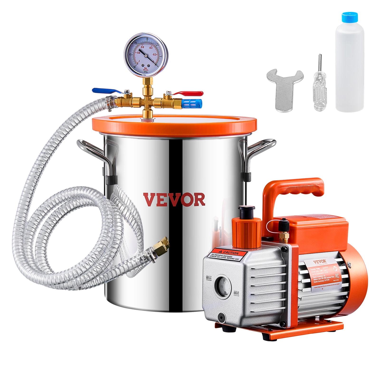 VEVOR 3 Gal Vacuum Chamber and 3.5 CFM Pump Kit, Stainless Steel Chamber, Single Stage Vacuum Pump Degassing Chamber Kit, with Acrylic Lid, Oil, 4.92 ft Hose, for Degassing Resin Silicone Epoxies