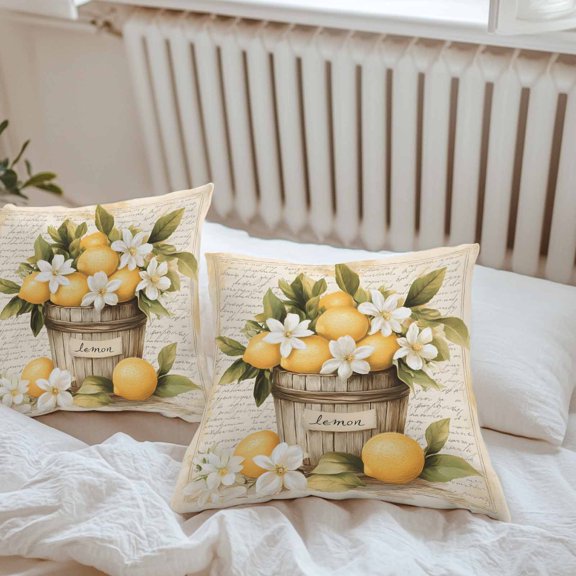 Waterproof Pillow Covers Pack of 2, Summer Watercolor Lemon Flower Outdoor Pillowcases Cushion Cases, Vintage Fruit Blossom Plant Decorative Throw Pillow Cover for Couch Sofa Bed 18x18in