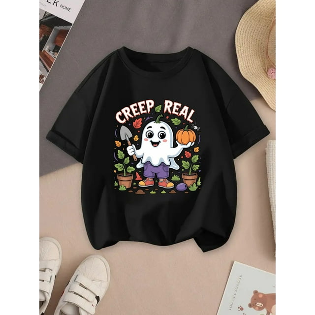 Halloween T-shirt - Spooky Cute & Pumpkin Print Short Sleeve Top, Vibrant Red Casual Summer & Fall Outfit for Themed Parties (Comfortable Round Neck, Easy Care), Holiday, Playful Design